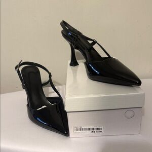 Black Patent Pointed-Toe Slingback Heels